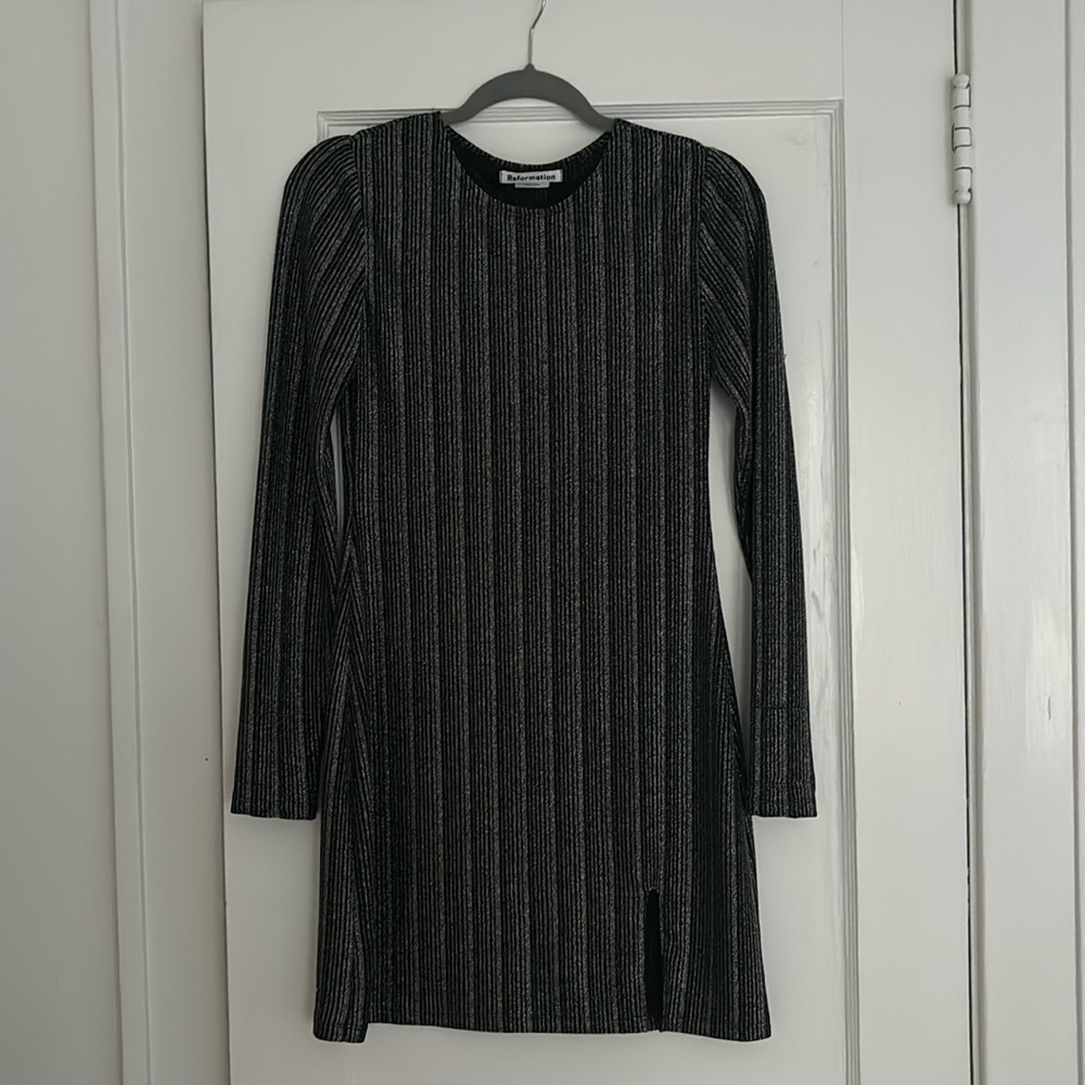 Reformation long sleeve sparkly striped mini dress